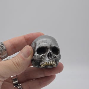May include: A small, silver-coloured skull with gold teeth. The skull is being held in a hand.