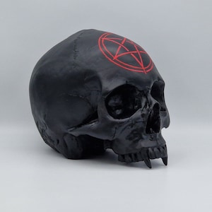 May include: A black skull with a red pentagram painted on the forehead.