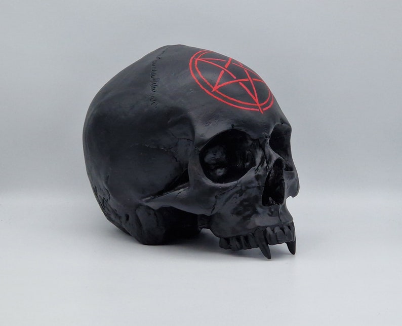 May include: A black skull with a red pentagram painted on the forehead.