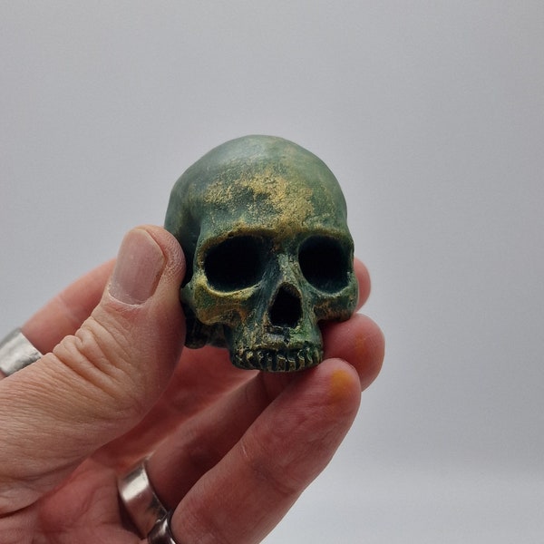 Bronze patina effect solid Tiny human half skull ornament.  Small replica plaster of Paris human skull.