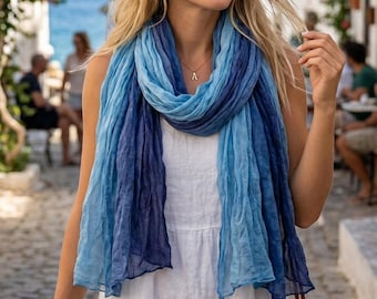 Light Blue Scarf for Women | Summer Beach Pareo Shawl | Soft Holiday Cover Up | 175x75cm