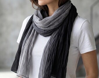 Lightweight Natural Scarf / Gray & Black Shawl / Gift For Woman