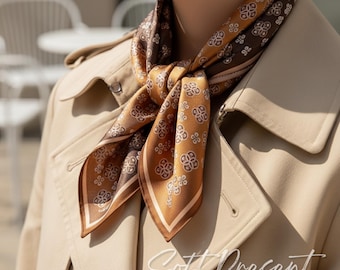 Brown Silky Soft Scarf and Ring - 70cmx70cm Hair Accessory Wrap, Hijab, Gift for Her