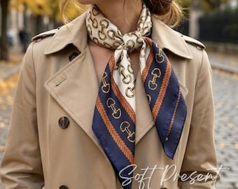 Satin Silk Chain Print Scarf / 70x70cm Luxury Square Handkerchief Foulard