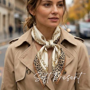Beige Luxury Print Satin Silk Square Scarves / 70cm x70cm Neck, Bag Head Scarf