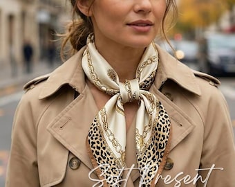 Beige Luxury Print Satin Silk Square Scarves / 70cm x70cm Neck, Bag Head Scarf
