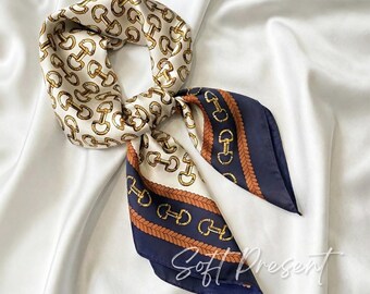 Satin Silk Chain Print Scarf / 70x70cm Luxury Square Handkerchief