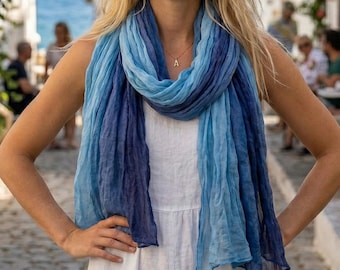 Blue & NavyBlue Lightweight Natural Scarf for Summer / Two-Tone Soft Shawl / Gift For Her