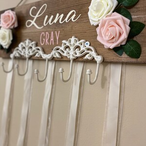 Bow holder, Personalized bow holder with ribbon and metal hooks, nursery decor blush (pictured)