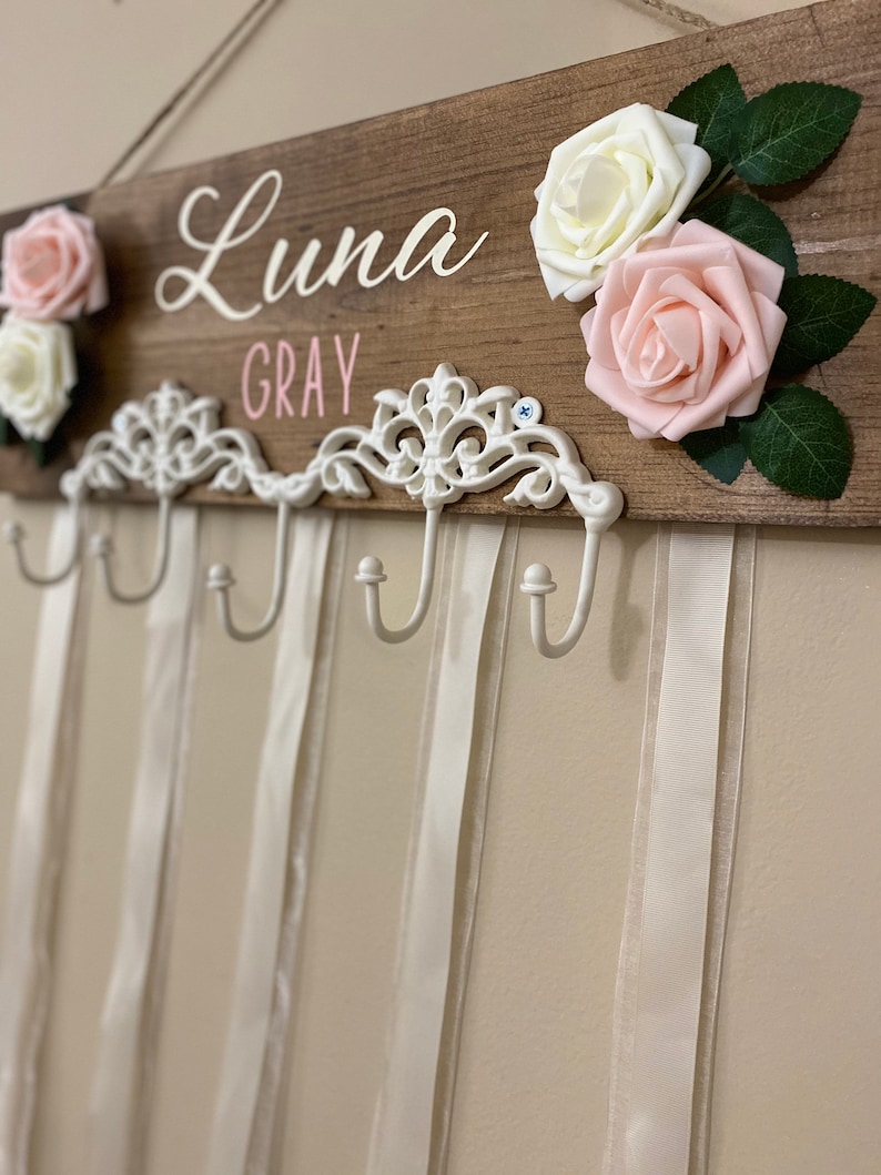 Bow holder, Personalized bow holder with ribbon and metal hooks, nursery decor blush (pictured)