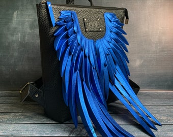 rainbow leather backpack with angel wings