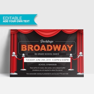 School Dance Invite, Prom Invite, Broadway invitation, Postcard, Middle School Dance, Editable Template, Printable invitations, Digital