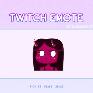 May include: A pink and red cartoon demon girl with horns and long black hair. The image is a Twitch emote.