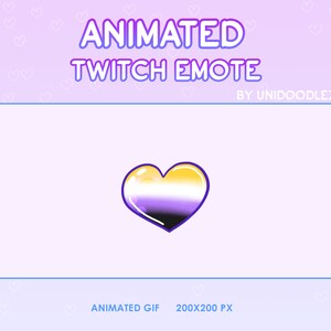 May include: Animated Twitch emote featuring a yellow, white, purple, and black heart with a shiny, glossy finish. The heart is a symbol of the non-binary gender identity.