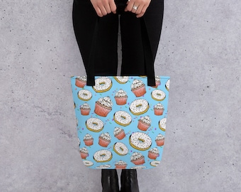 New Medium Handmade Decorated Donuts Treats Denim Tote Bag