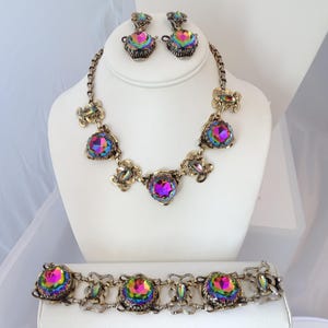 Vintage Schiaparelli Watermelon Glass Necklace Bracelet Earrings Demi-Parure SET