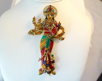 Vintage Lunch at Ritz Enamel 24K Electroplate Many Armed Hindu Goddess Brooch Pendant