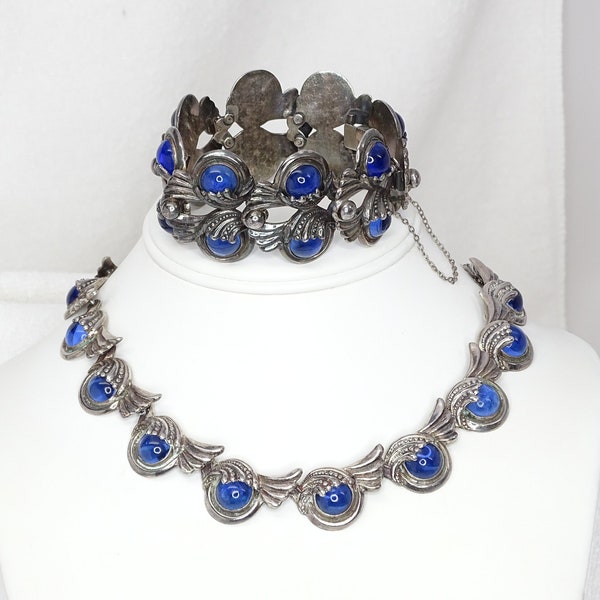 Vintage Margot de Taxco Mexico Sterling Cobalt Blue Cabochon Necklace Bracelet Set