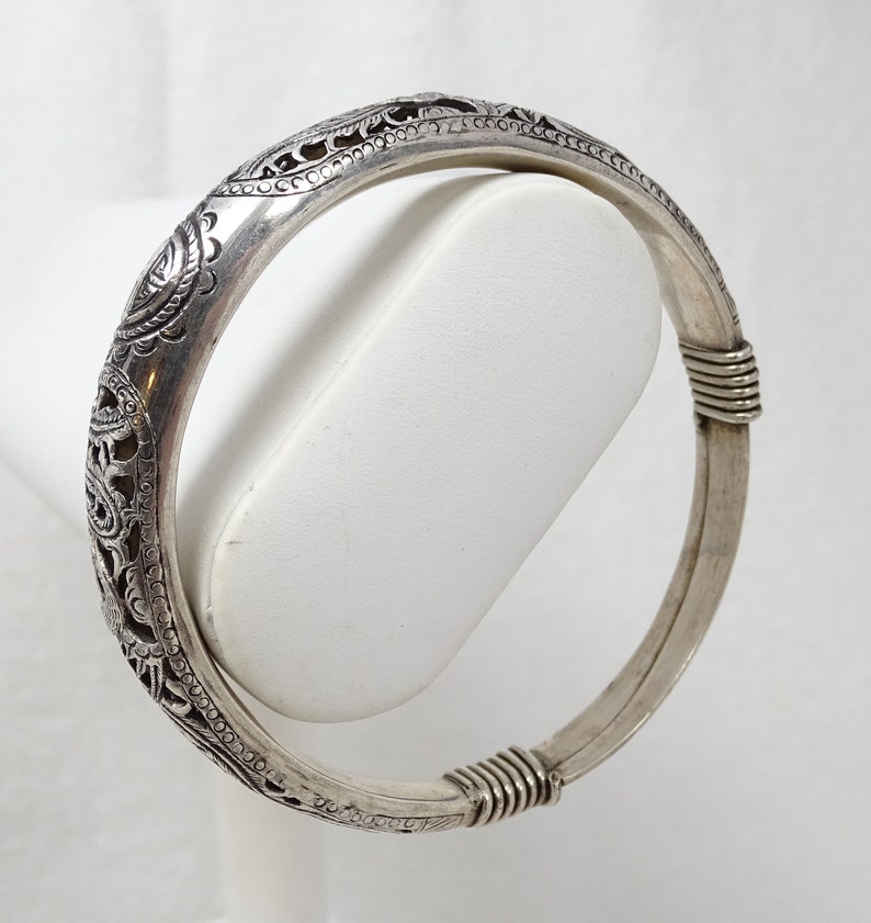 Antique Chinese Pierced Silver Phoenix Expandable Good Fortune Bangle Bracelet bild 4