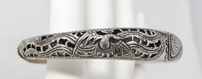Antique Chinese Pierced Silver Phoenix Expandable Good Fortune Bangle Bracelet bild 8