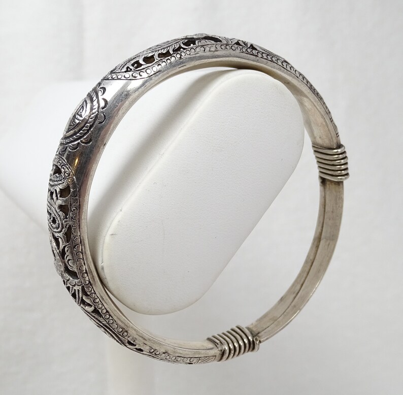Antique Chinese Pierced Silver Phoenix Expandable Good Fortune Bangle Bracelet bild 5