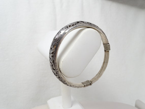 Antique Chinese Pierced Silver Phoenix Expandable Good Fortune Bangle Bracelet