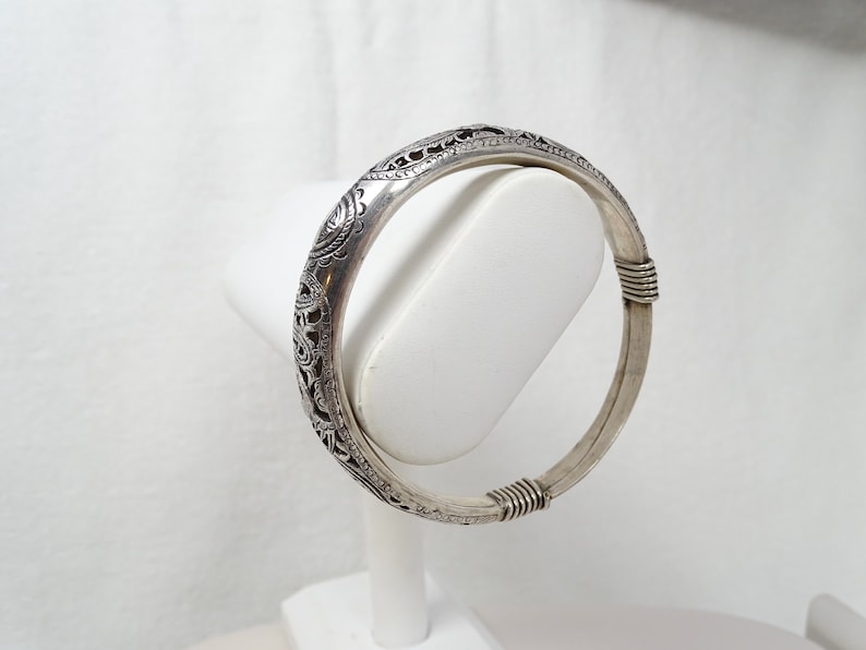 Antique Chinese Pierced Silver Phoenix Expandable Good Fortune Bangle Bracelet bild 1
