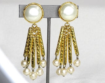 Vintage Chanel Baroque Pearl Dangle 3.5" Clip Earrings