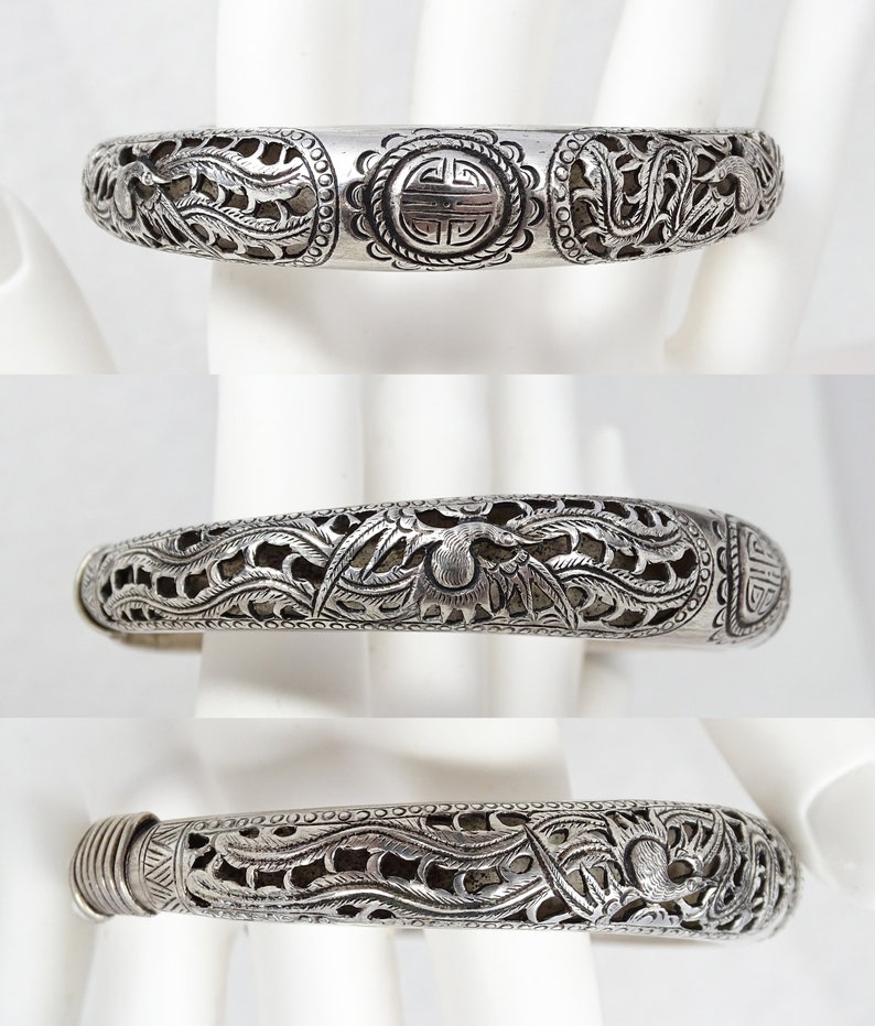 Antique Chinese Pierced Silver Phoenix Expandable Good Fortune Bangle Bracelet bild 2
