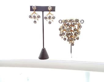 Vintage Vendome Chandelier Crystal Rhinestone Balls & Faux Pearl Brooch Earrings SET
