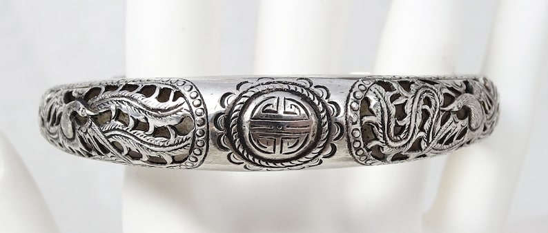 Antique Chinese Pierced Silver Phoenix Expandable Good Fortune Bangle Bracelet bild 6