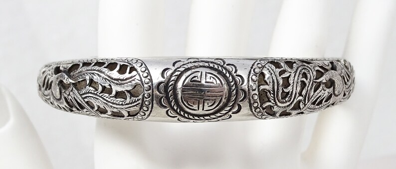 Antique Chinese Pierced Silver Phoenix Expandable Good Fortune Bangle Bracelet bild 7