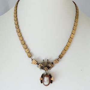 Antique Victorian Gold Filled Book Chain Floral Crown Cameo Centerpiece Necklace