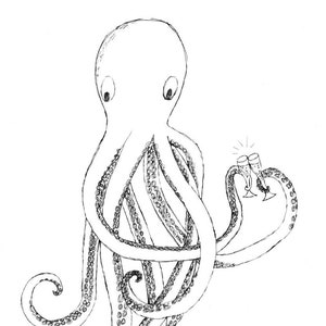 Printable: Set aus 4 Oktopus Faltkarten im A4 Format zum Ausdrucken und bemalen. lustige Einladung zur Party oder mit Sekt zum Anstoßen