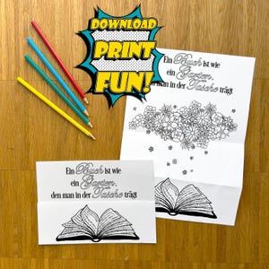 DIY Imprimible: Tarjeta plegable con un libro abierto del que salen flores. Tarjeta de felicitación para imprimir y colorear para los amantes de los libros.
