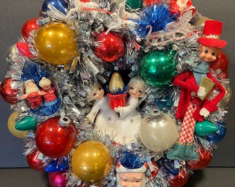 Repurposed Vintage Christmas ornament and decor 12” wreath