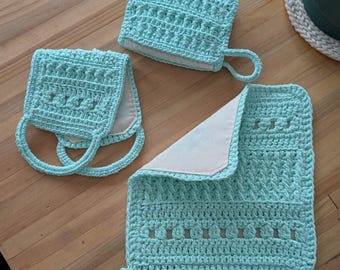 Crochet Mint Green Kitchen Set | Potholder Mini Mitt Towel Ring | Lined Cotton Kitchen Essentials | Farmhouse Style | Kitchen Cooking Decor
