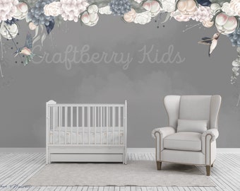 Dark Grey Floral and Birds Wallpaper, Unique, Child Psychologist Approved, Peel and Stick, Watercolor Wall Mural, Nursery Kids Room, Bedroom