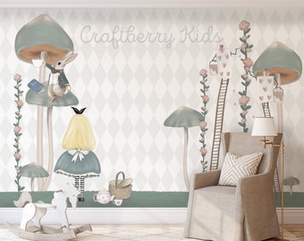 Alice in Wonderland Editable Wallpaper for Nursery Playroom and Kids Room with Traditonal and Peel & Stick Options