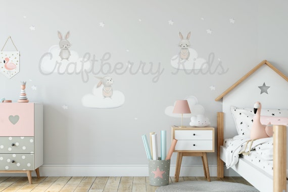 Bunny Wall Stickers Two Cute Rabbit Birds Wall Decal Removable Kids Home Decor 