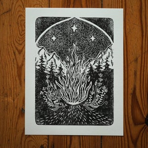 Spirit of life Linocut Print - Mountain Landscape print - Night forest Print - Campfire print 16cm x 22cm