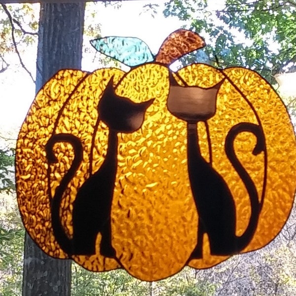 Halloween stained glass, stained glass pumpkin, black cats, Halloween, black cat silhouette,  stained glass, sun catcher, fall holiday decor