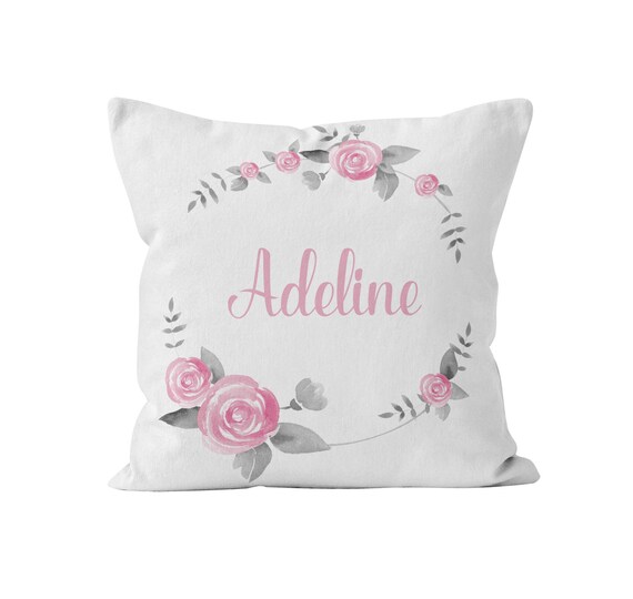 Baby Girl Pink And Grey Wreath Name Pillow Decorative Throw Pillow With Name Children S Name Pillow Cover With Or Without Insert