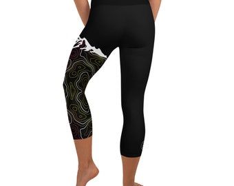 Mountain Topographic Pink and Yellow Yoga Capri Leggings