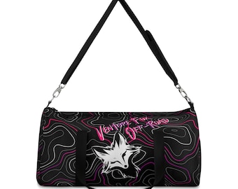 Venture Fox Off Road Duffel Bag, Gym Bag with Winking Fox, Pink and Purple Topographic Pattern, Travel Bag, Overnight Bag, Weekend Bag,