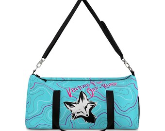 Venture Fox Off Road Duffel Bag, Gym Bag with Winking Fox, Pink and Purple Cyan Topographic Pattern, Travel Bag, Overnight Bag, Weekend Bag,