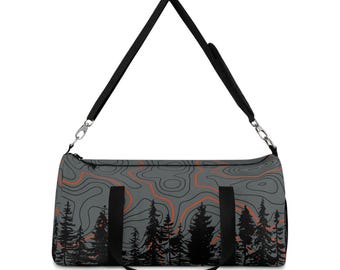 Topographic Trees Orange Grays Overlanding Gear 4Wheeling Outdoors Travel Duffel Gym Bag