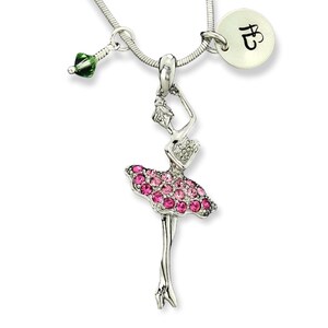 Swarovski Crystal Personalized Ballerina Collar Colgante Rosa Carta Inicial Estampada a Mano y Piedra de Nacimiento Charm Chain Custom Gift Jewelry