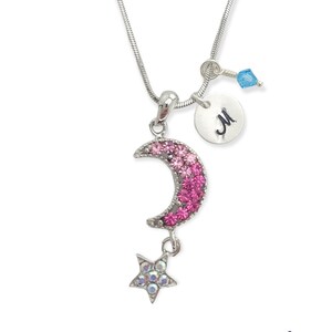 Swarovski Crystal Moon Star Rosa Collar colgante personalizado Carta inicial estampada a mano y piedra de nacimiento Charm Chain Custom