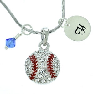 Swarovski Crystal Béisbol Softball Bola Collar Personalizado Colgante Personalizado Carta Inicial Estampada a Mano y Encantos de Piedra de Nacimiento Cadena